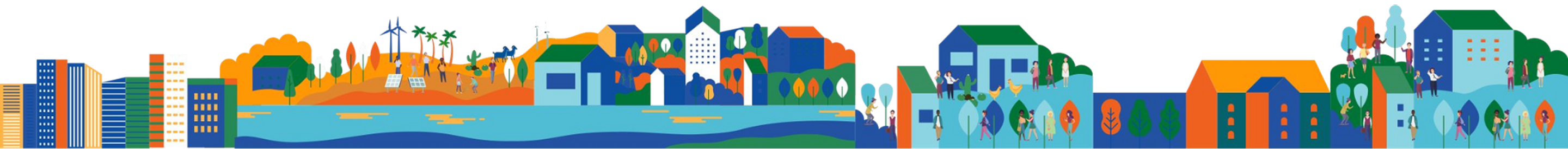 Baner com ilustração de uma cidade cartunesca